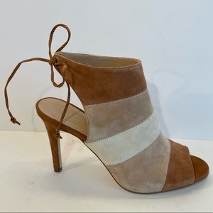 NEW BCBGenerstion, Open Toe Shoes, 8 in Colorado Tan, Tri-Color Suede.